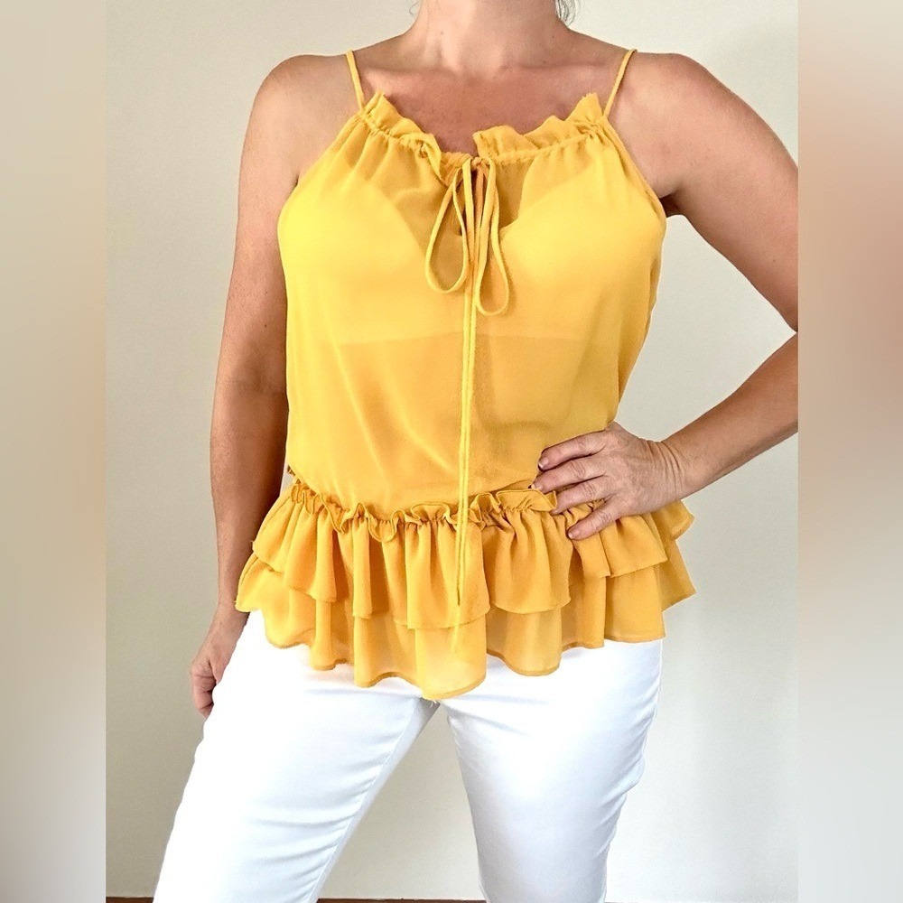 RO & DE Yellow‎ Gold  Small Spaghetti Strap Ruffled Tiered Sheer Camisole